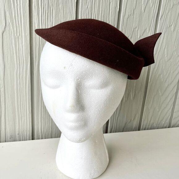 VTG 1950s Brown Wool Felt Cocktail Hat w/ Bow – Union Made USA Mid-Century - Picture 3 of 12